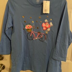 Kim Rogers Blue Long Sleeve Women’s Tee with Bicycle and Floral Design NWT